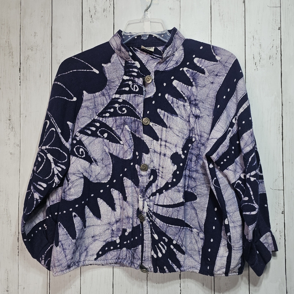 Vintage Ann Maurice Batik Purple Clay Art to Wear Cotton Jacket Shirt One Size.